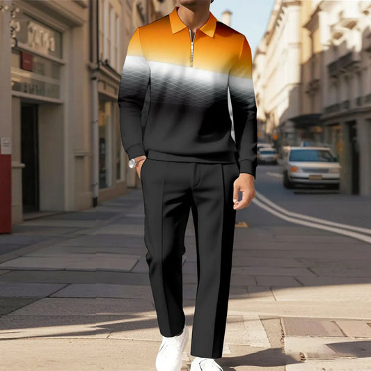 Zipper Long Sleeve Polo Long Pants Two-Piece Set