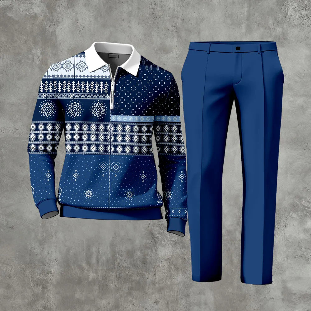 Polo-Collar Zipper Long Sleeved Trousers Two-Piece Set - DUVAL