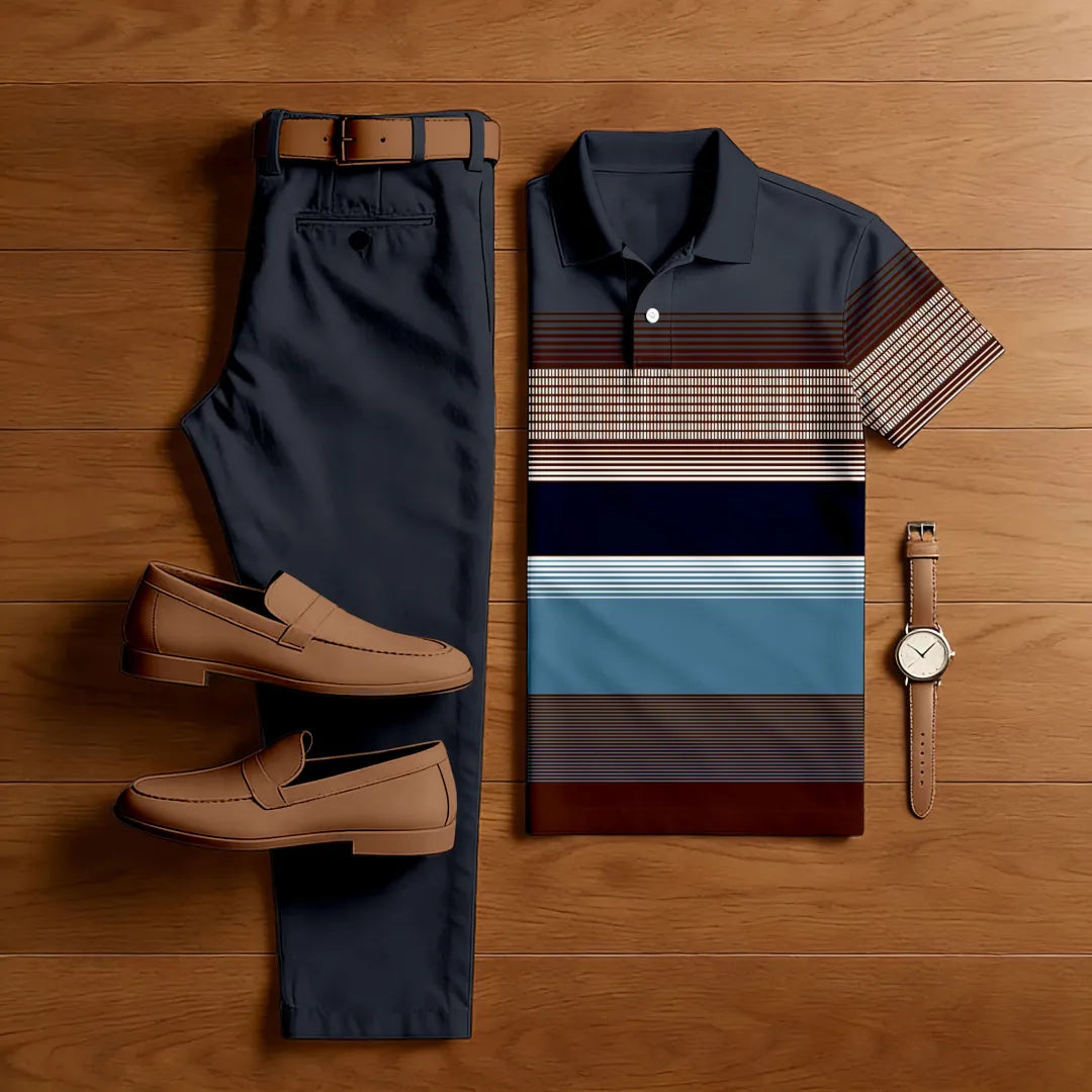 Polo-Collar Short Sleeved Trousers Two-Piece Set - DUVAL
