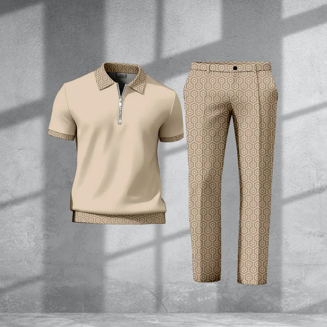 Polo-Collar Short Sleeved Trousers Two-Piece Set - DUVAL