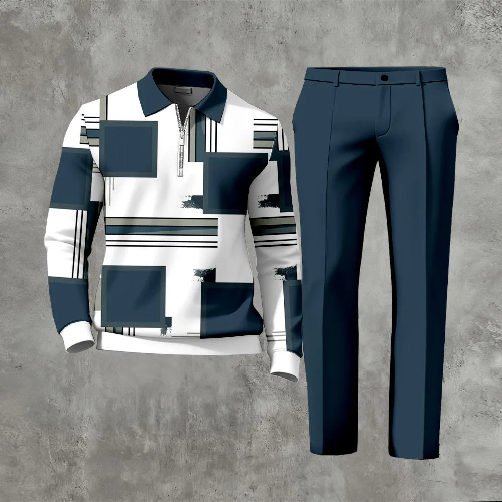 Polo-Collar Zipper Long Sleeved Trousers Two-Piece Set - DUVAL