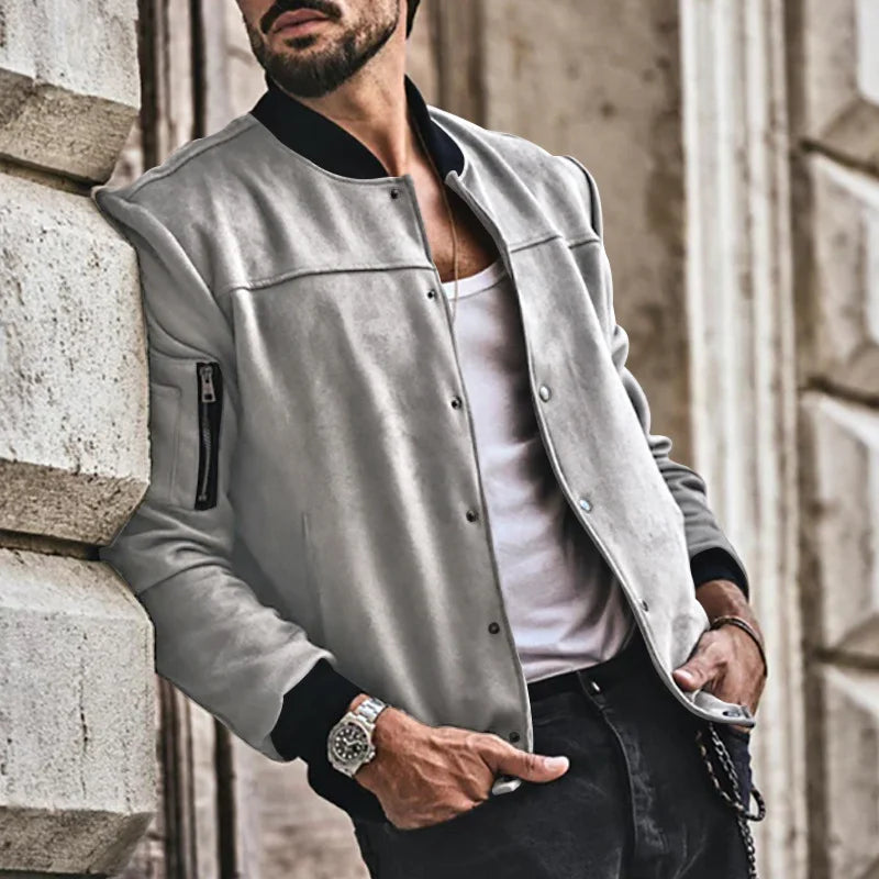 Suede Stand Collar Button Jacket - DUVAL