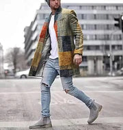 Stand Collar Contrasting Stripe Stitching Print Coat - DUVAL