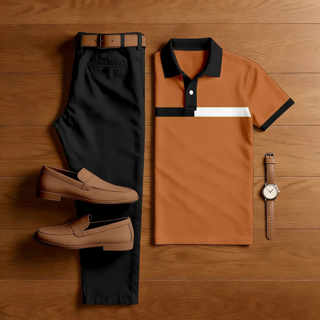 Polo-Collar Short Sleeved Trousers Two-Piece Set - DUVAL