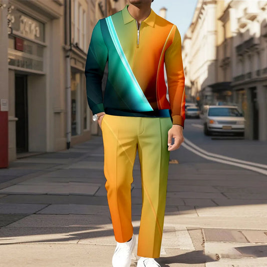 Zipper Long Sleeve Polo Long Pants Two-Piece Set