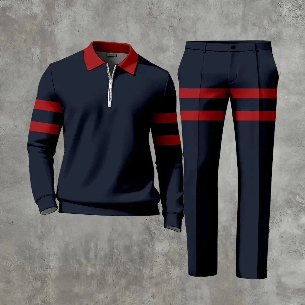 Polo-Collar Zipper Long Sleeved Trousers Two-Piece Set - DUVAL