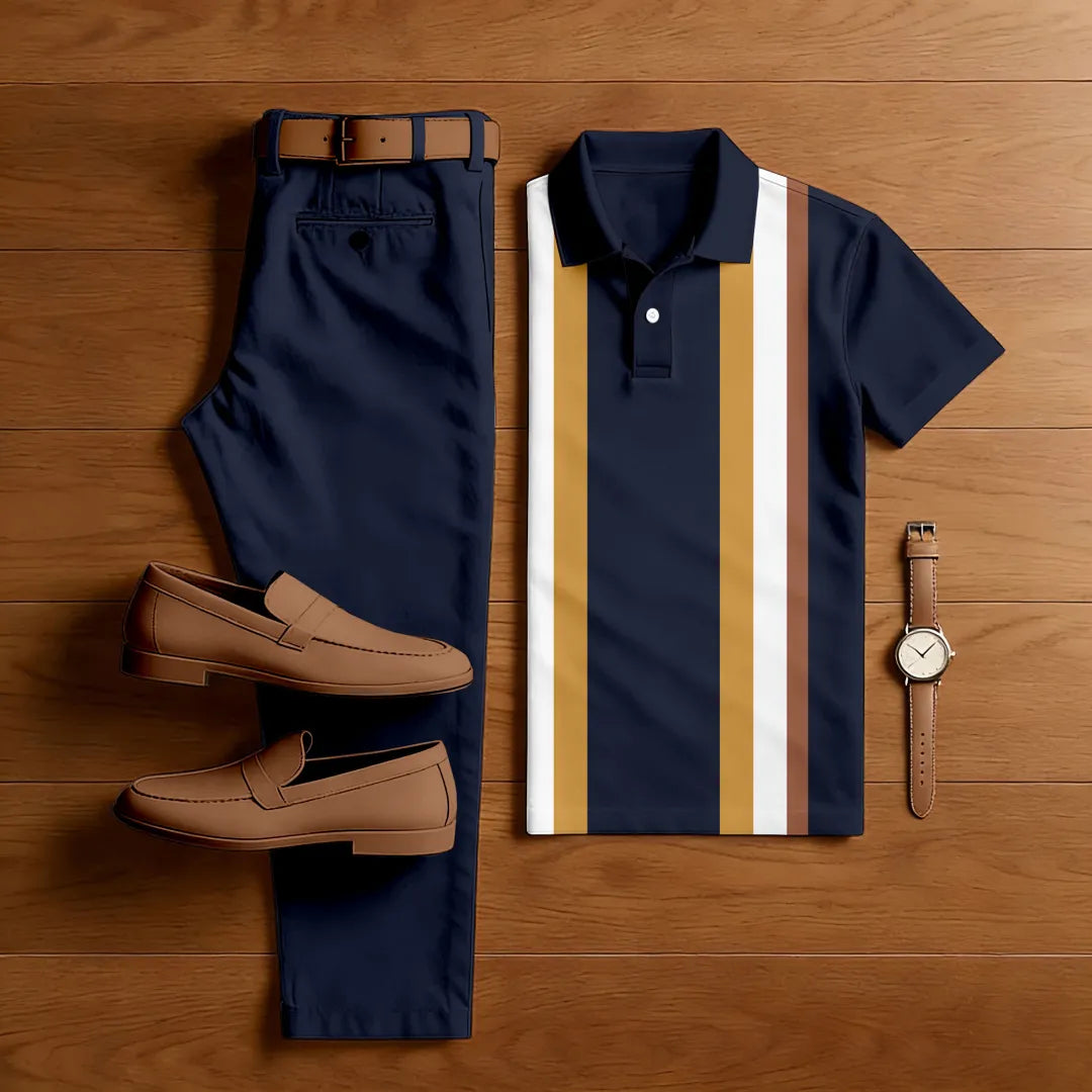 Polo-Collar Short Sleeved Trousers Two-Piece Set - DUVAL