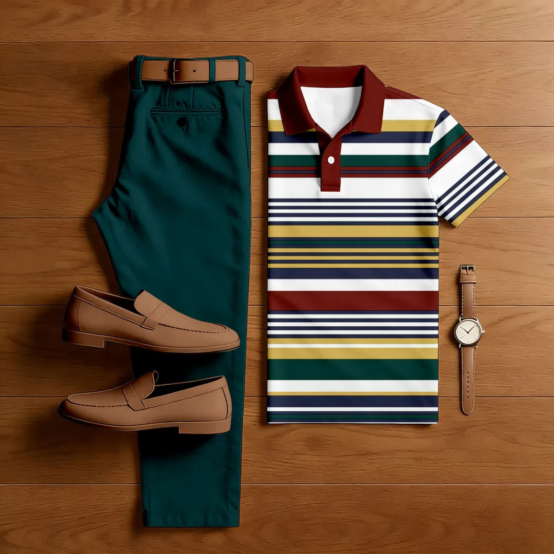 Polo-Collar Short Sleeved Trousers Two-Piece Set - DUVAL