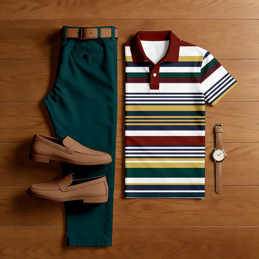 Polo-Collar Short Sleeved Trousers Two-Piece Set - DUVAL