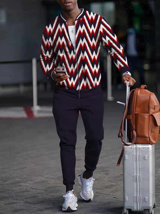 Men's Fashion Casual Geometric Print Zipper Jacket Set