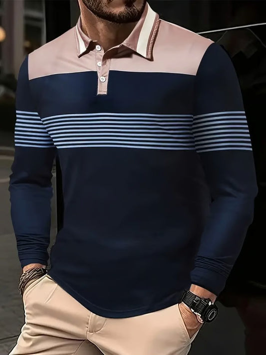 Business Casual Striped Long-Sleeved Polo Shirt