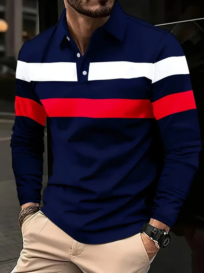 Business Casual Striped Long-Sleeved Polo Shirt