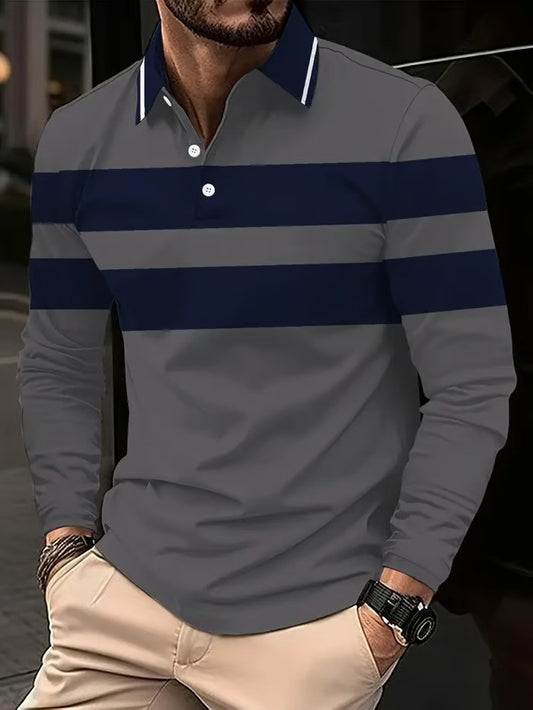 Business Casual Striped Long-Sleeved Polo Shirt