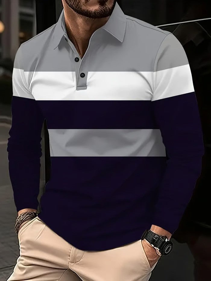 Business Casual Striped Long-Sleeved Polo Shirt