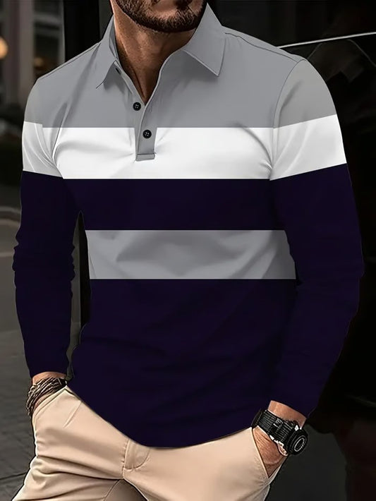 Business Casual Striped Long-Sleeved Polo Shirt