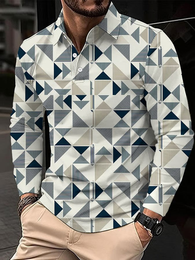 Business Style Geometric Print Long Sleeve Polo