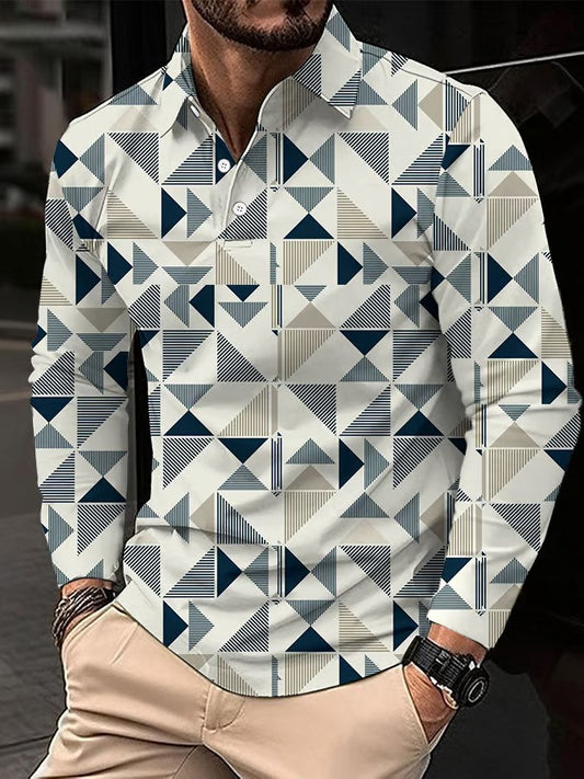 Business Style Geometric Print Long Sleeve Polo