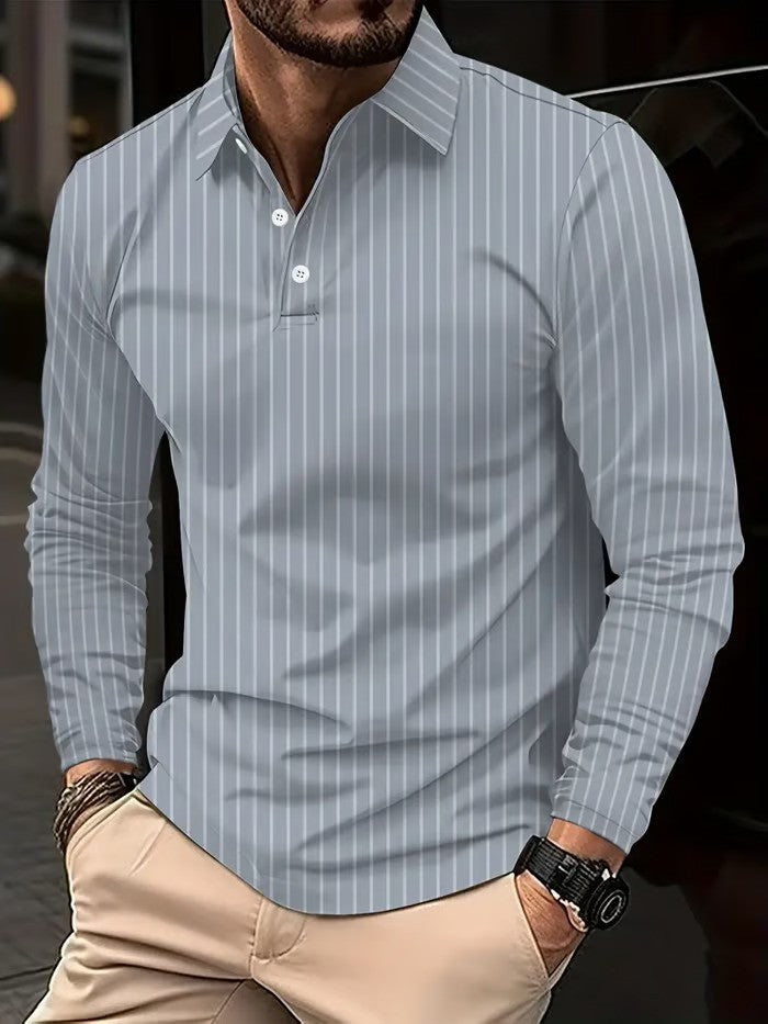 Business Casual Striped Long-Sleeved Polo Shirt