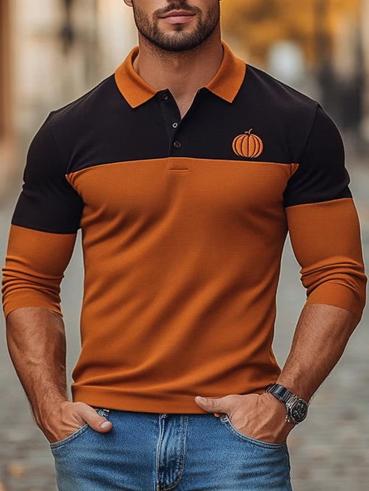 Autumn Harvest Pumpkin Pattern Color Block Polo Shirt