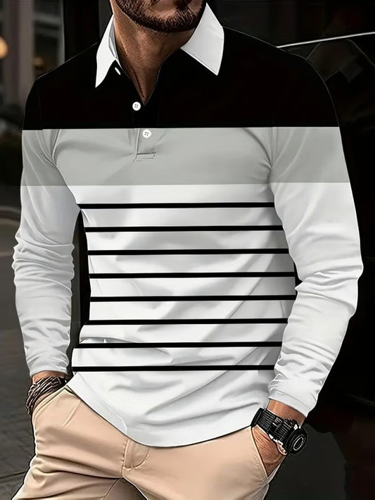 Business Casual Striped Long-Sleeved Polo Shirt