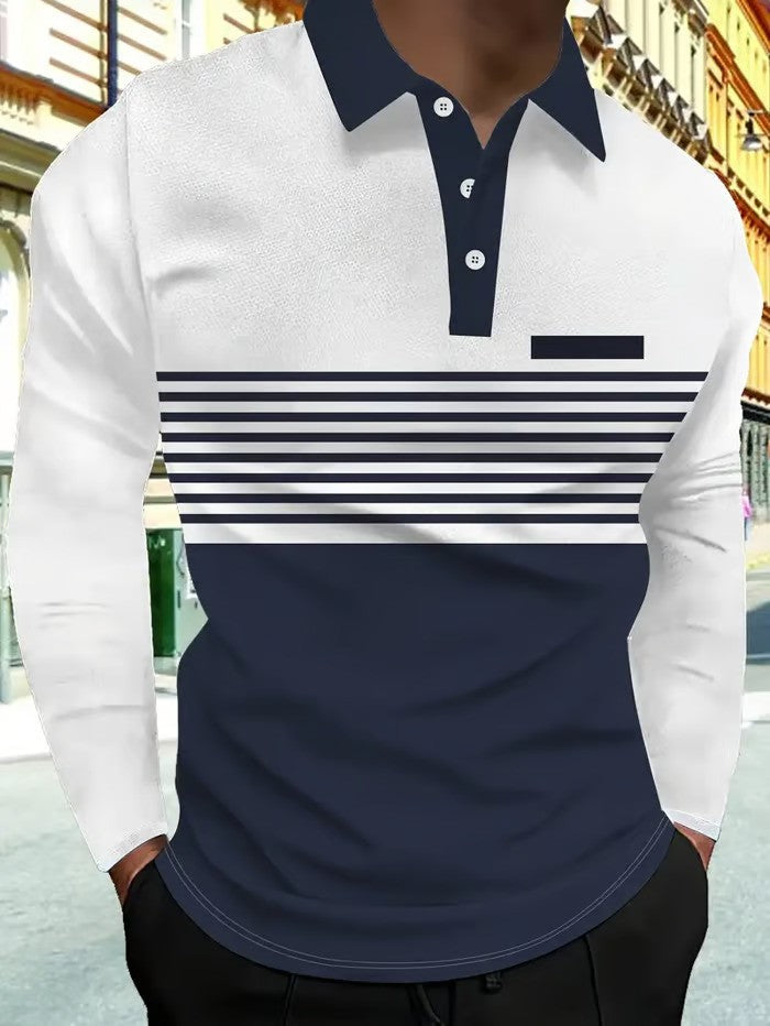 Business Casual Striped Long-Sleeved Polo Shirt