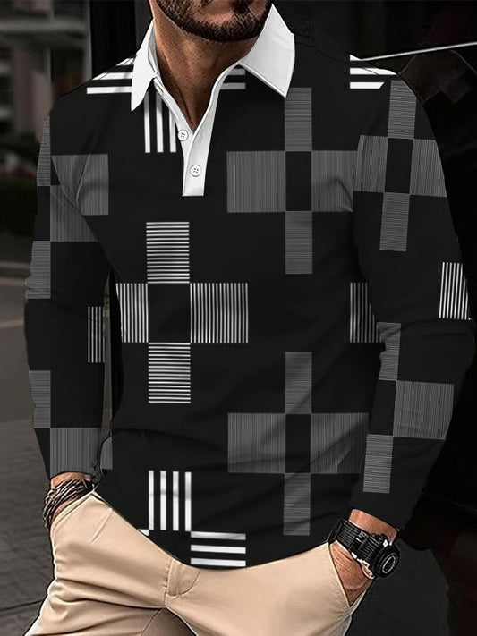 Business Style Geometric Print Long Sleeve Polo