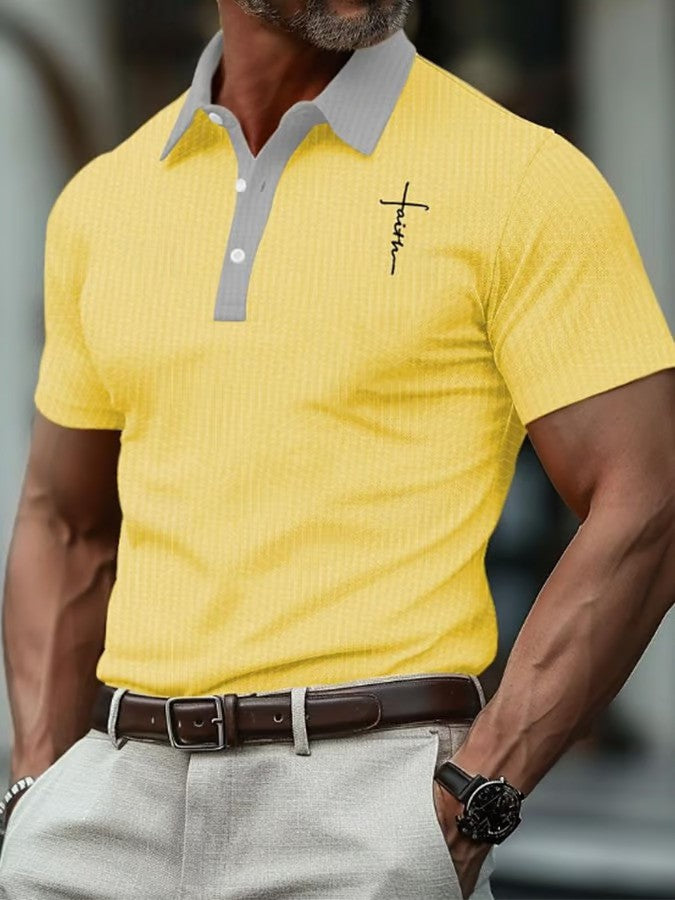 Knitted Color Block Printed Lapel Casual Polo Shirt