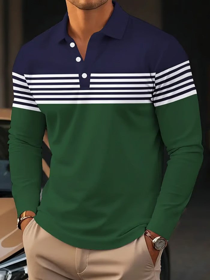 Business Casual Striped Long-Sleeved Polo Shirt