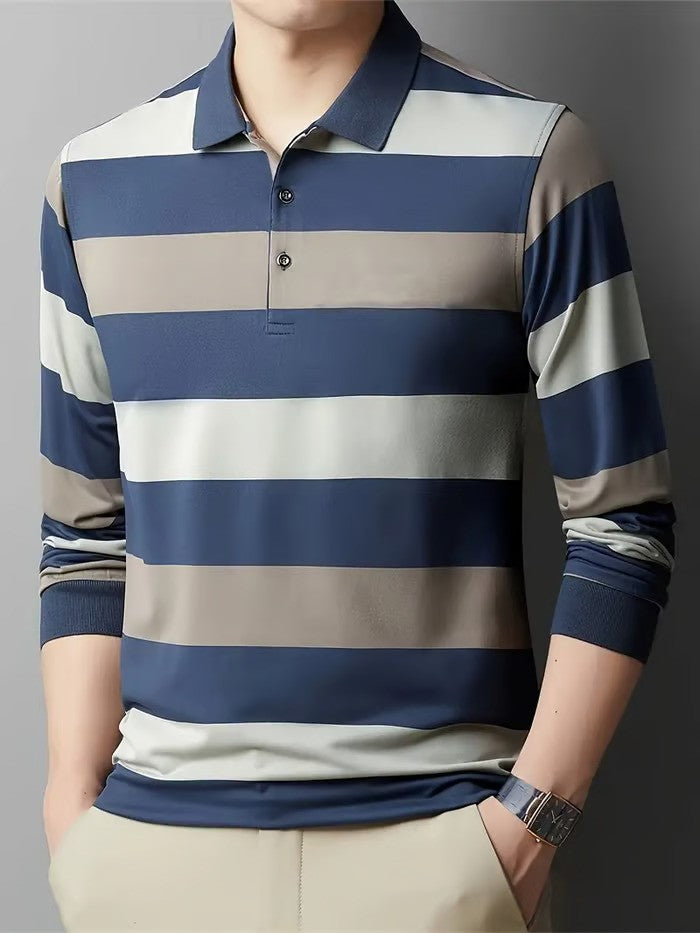 Business Casual Striped Long-Sleeved Polo Shirt