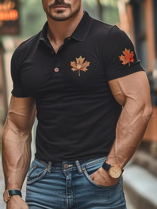 Autumn Harvest Maple Leaf Pattern Short Sleeve Polo Shirt