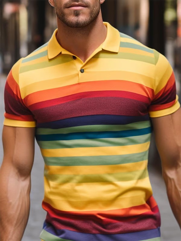 Rainbow Multicolor Stripe Print Polo Shirt