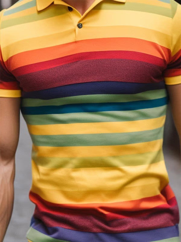 Rainbow Multicolor Stripe Print Polo Shirt