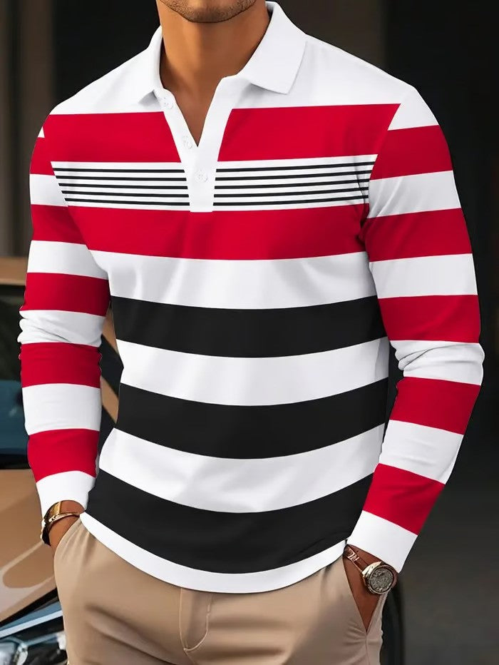 Business Casual Striped Long-Sleeved Polo Shirt - DUVAL