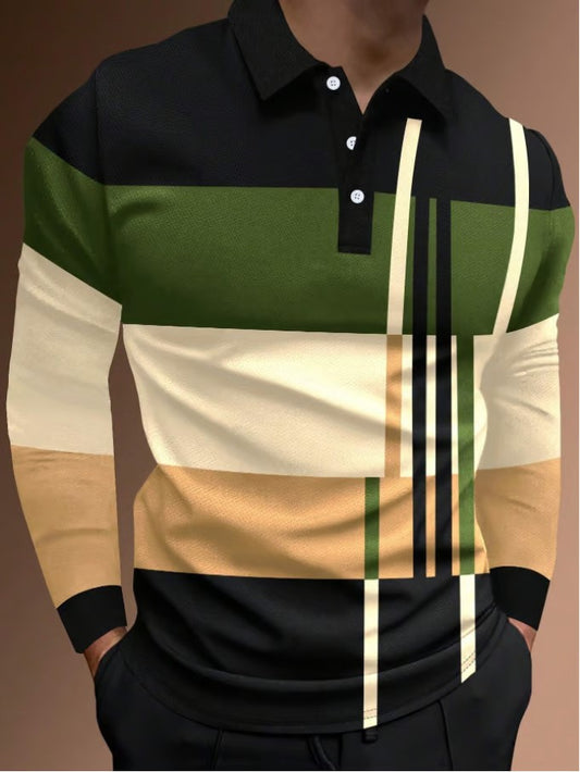 Business Casual Striped Long-Sleeved Polo Shirt