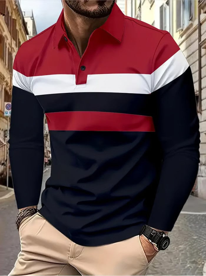 Business Casual Striped Long-Sleeved Polo Shirt - DUVAL