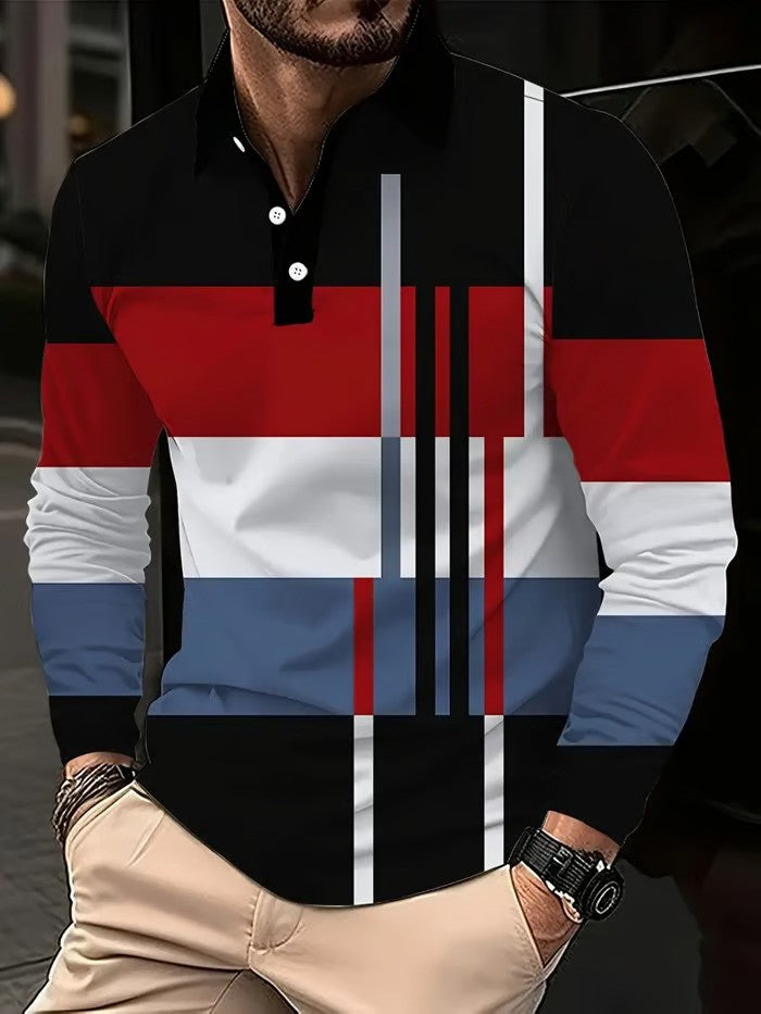 Business Casual Striped Long-Sleeved Polo Shirt