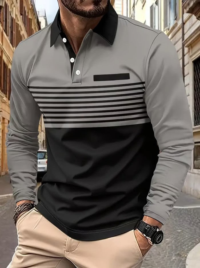 Business Casual Striped Long-Sleeved Polo Shirt