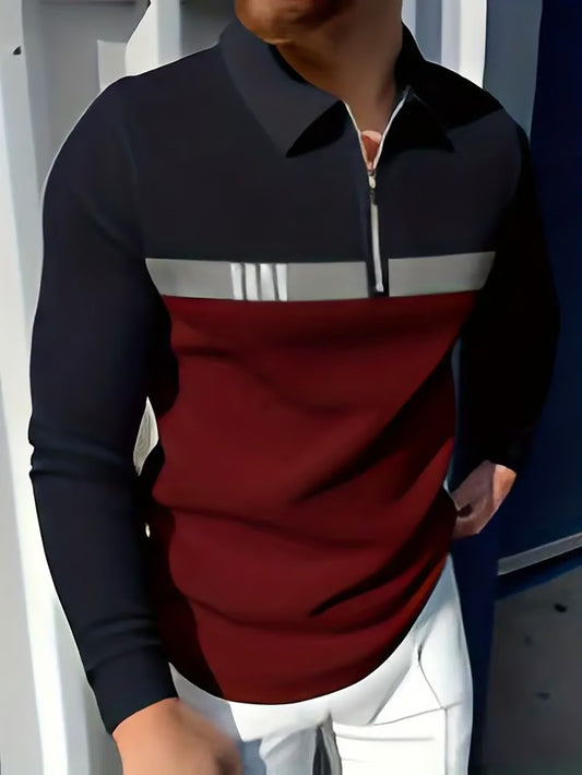 Business Casual Striped Zip-Up Polo Shirt