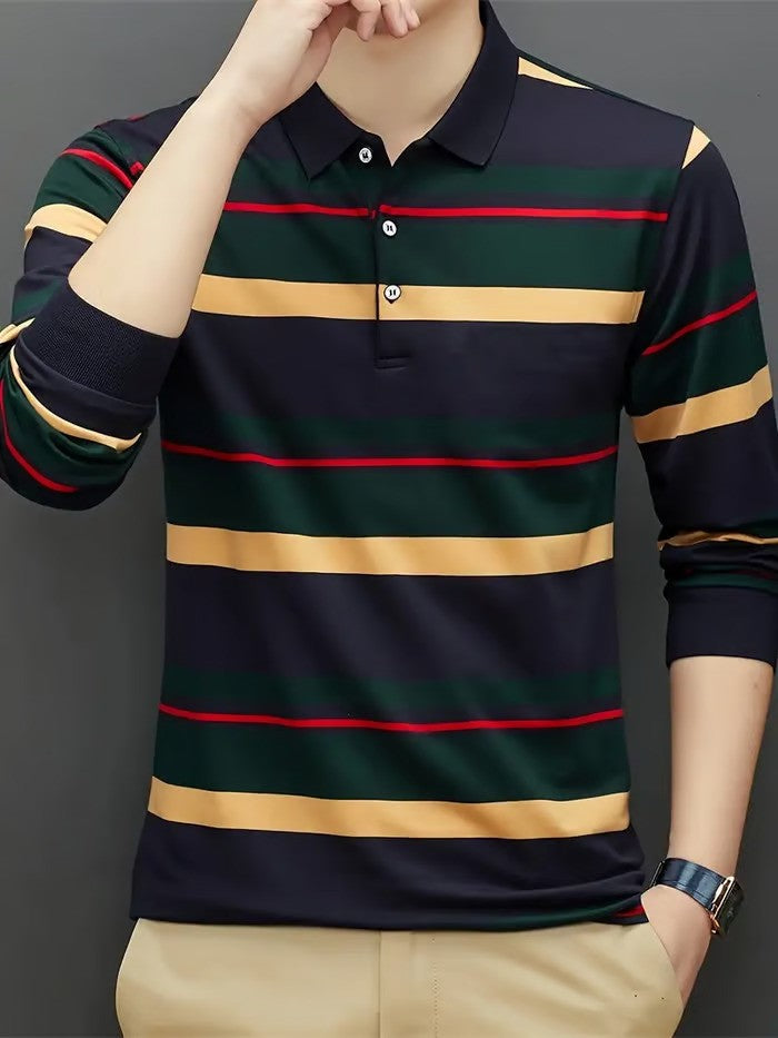 Business Casual Striped Long-Sleeved Polo Shirt - DUVAL