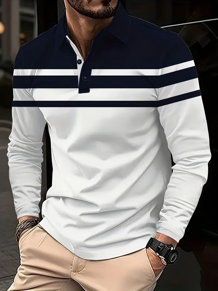 Business Casual Striped Long-Sleeved Polo Shirt