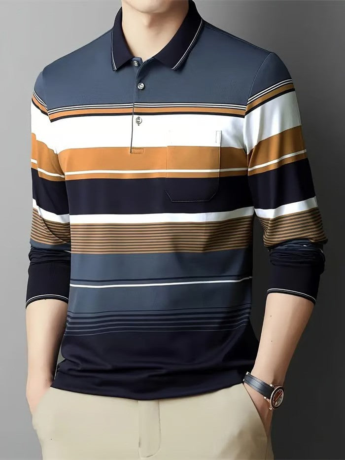 Business Casual Striped Long-Sleeved Polo Shirt