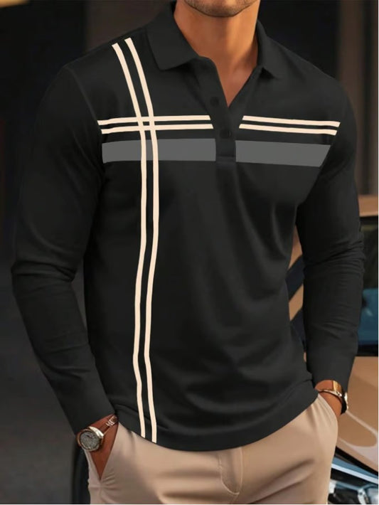 Business Casual Striped Long-Sleeved Polo Shirt