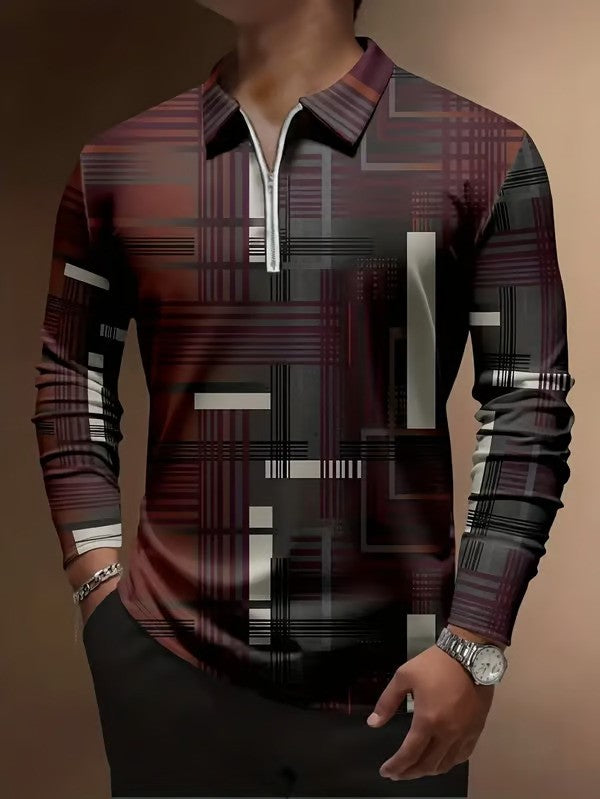 Trendy Business Striped Zipper Polo Shirt