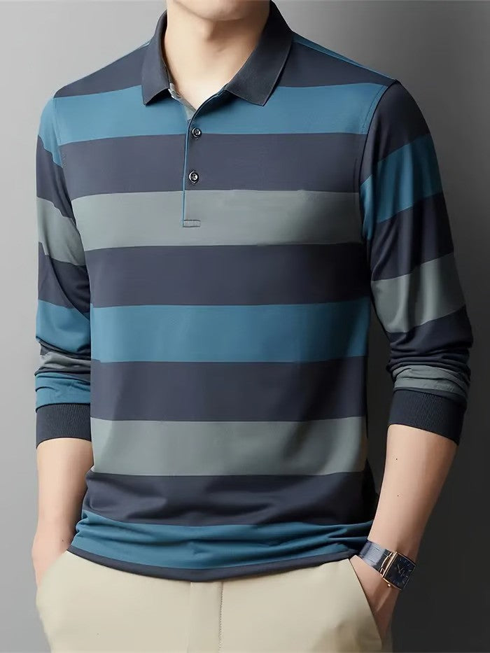 Business Casual Striped Button-Down Polo - DUVAL
