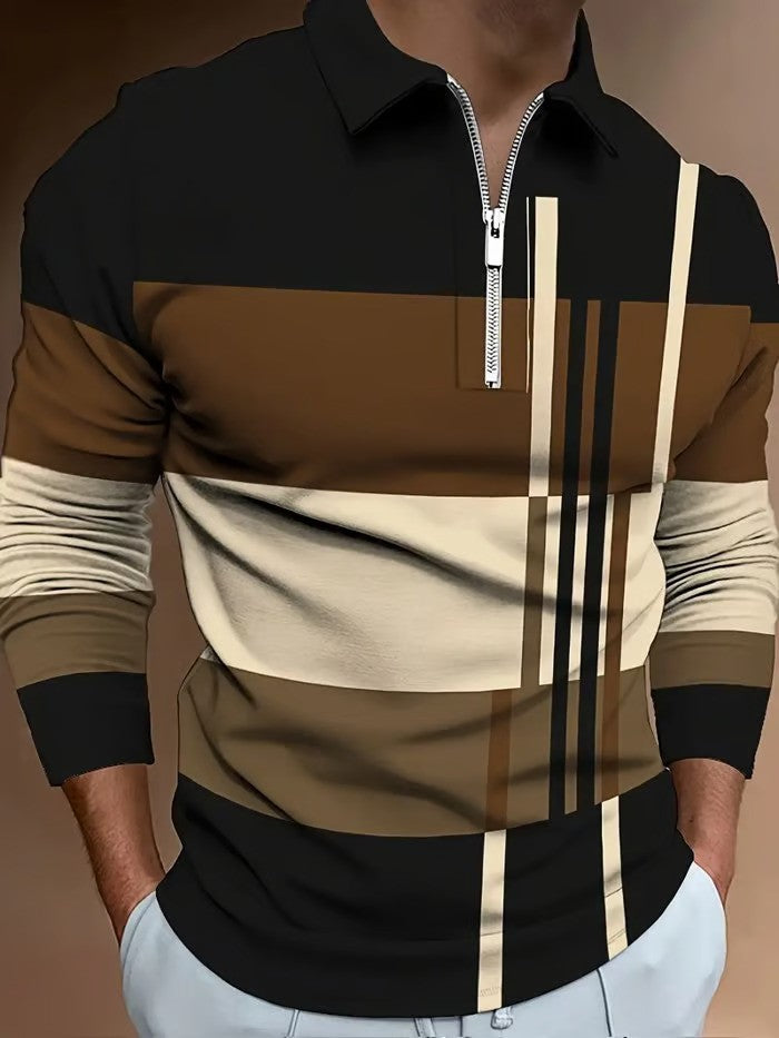 Trendy Business Striped Zipper Polo Shirt