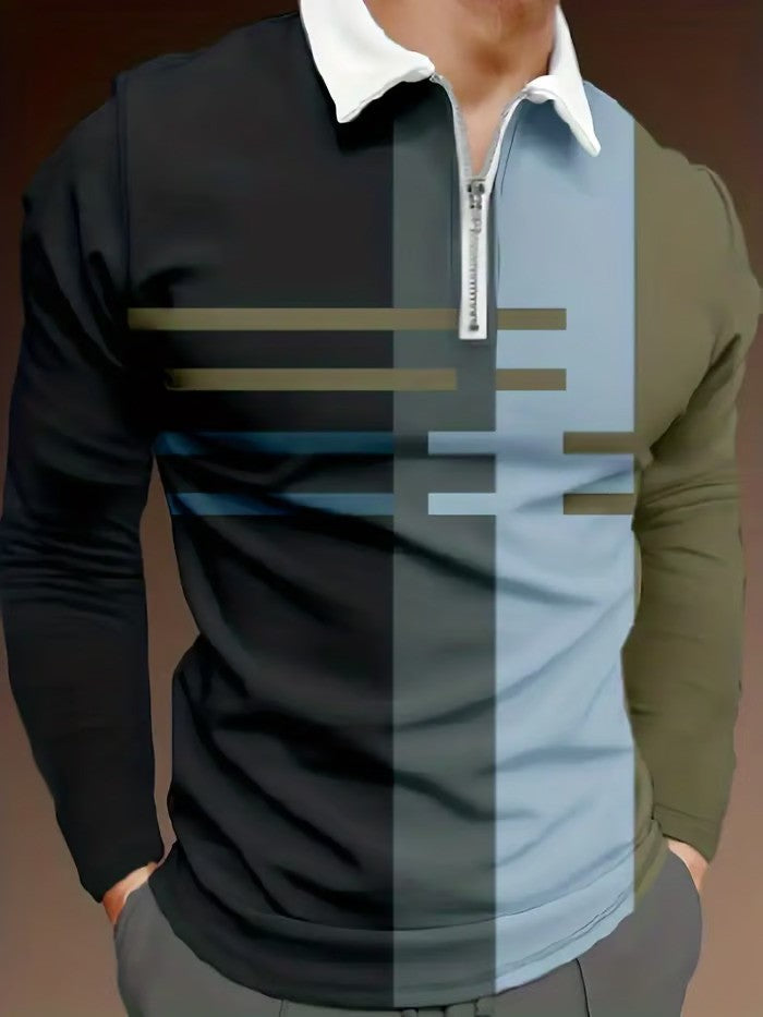 Trendy Business Striped Zipper Polo Shirt