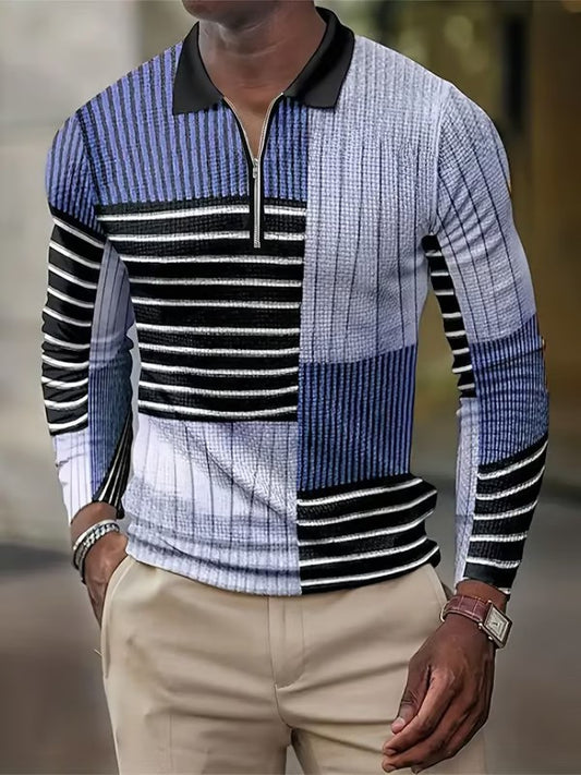 Trendy Business Striped Zipper Polo Shirt