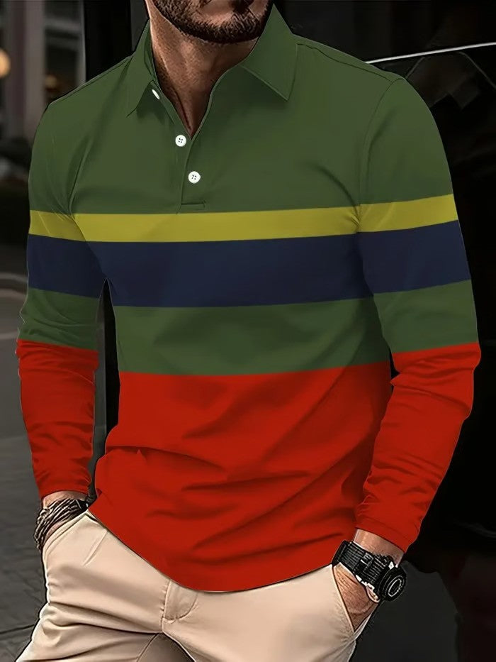 Business Casual Striped Long Sleeve Polo - DUVAL