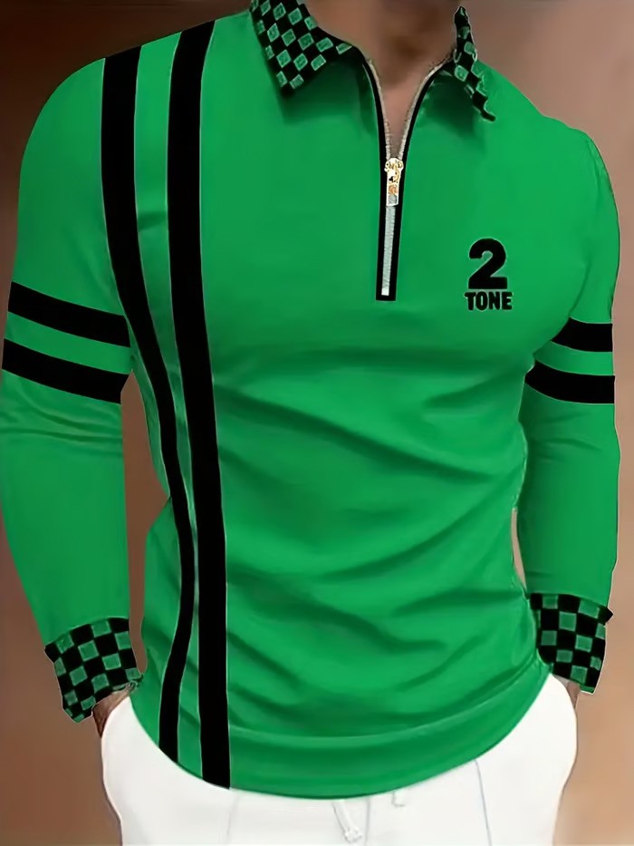 Business Casual Striped Zip-Up Polo Shirt - DUVAL