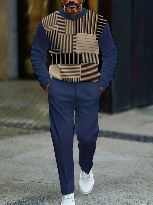 Neck Zipper Long Sleeved Trousers Two-Piece Set